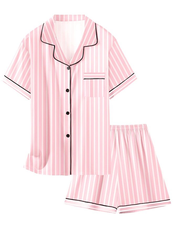 Schbbbta Silk Pajama Set for Girl Satin Button-up Pajama Sleepwear Gifts for Kids, Pink Stripe, 9-10 Years - Image 1